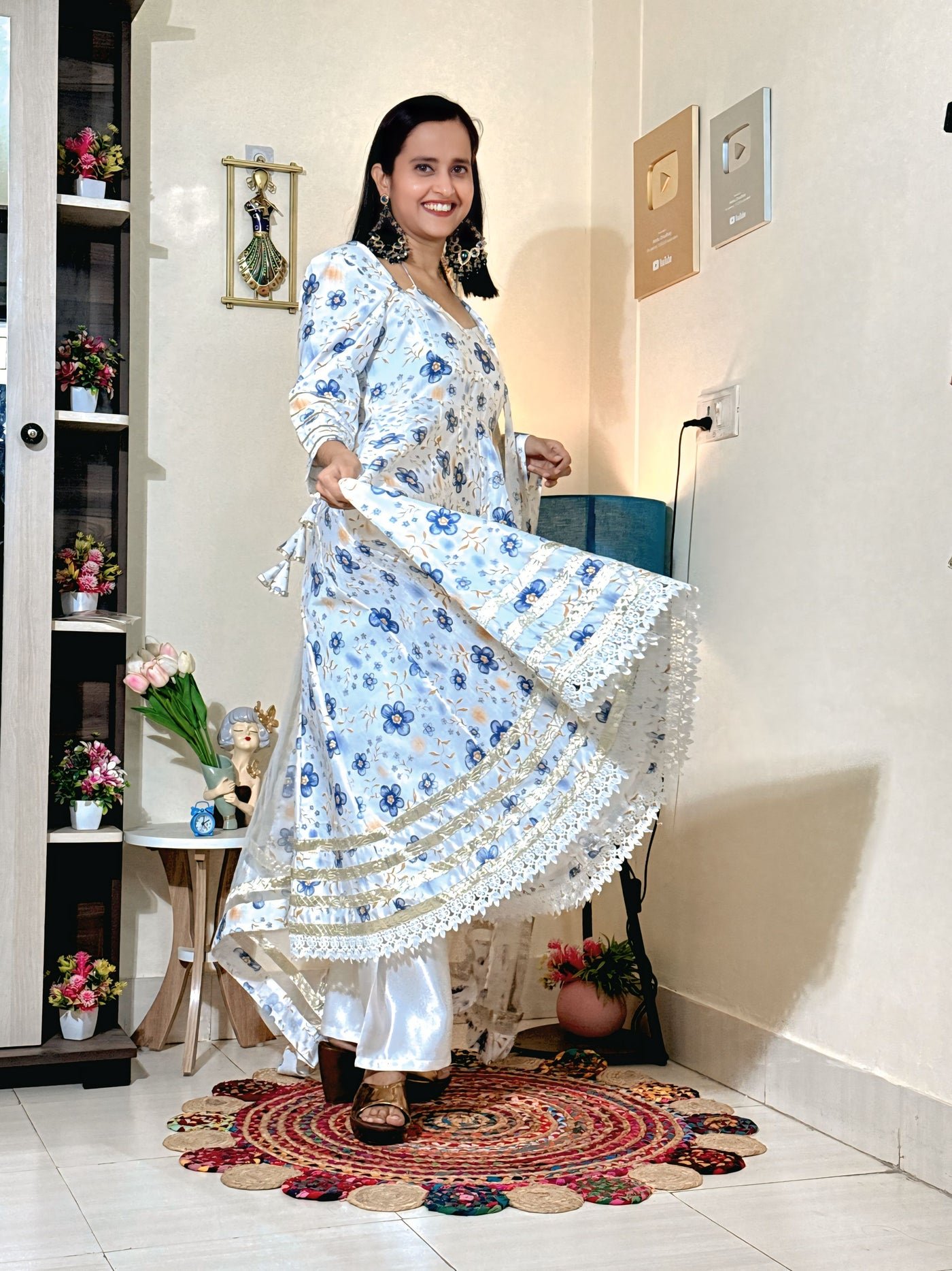 Powder Blue Floral Barlin Foil Print Anarkali Set with Fine Net Dupatta