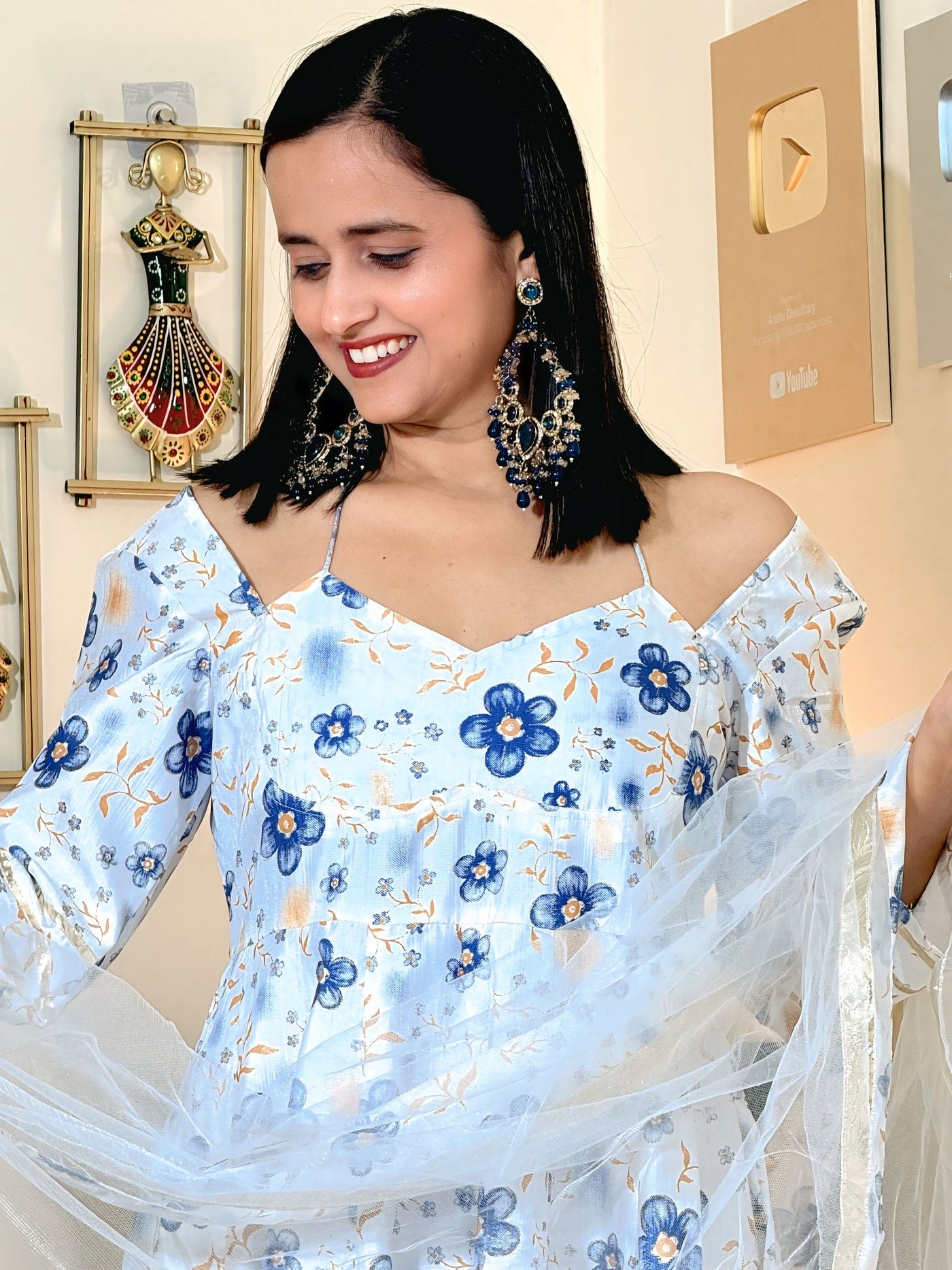 Powder Blue Floral Barlin Foil Print Anarkali Set with Fine Net Dupatta