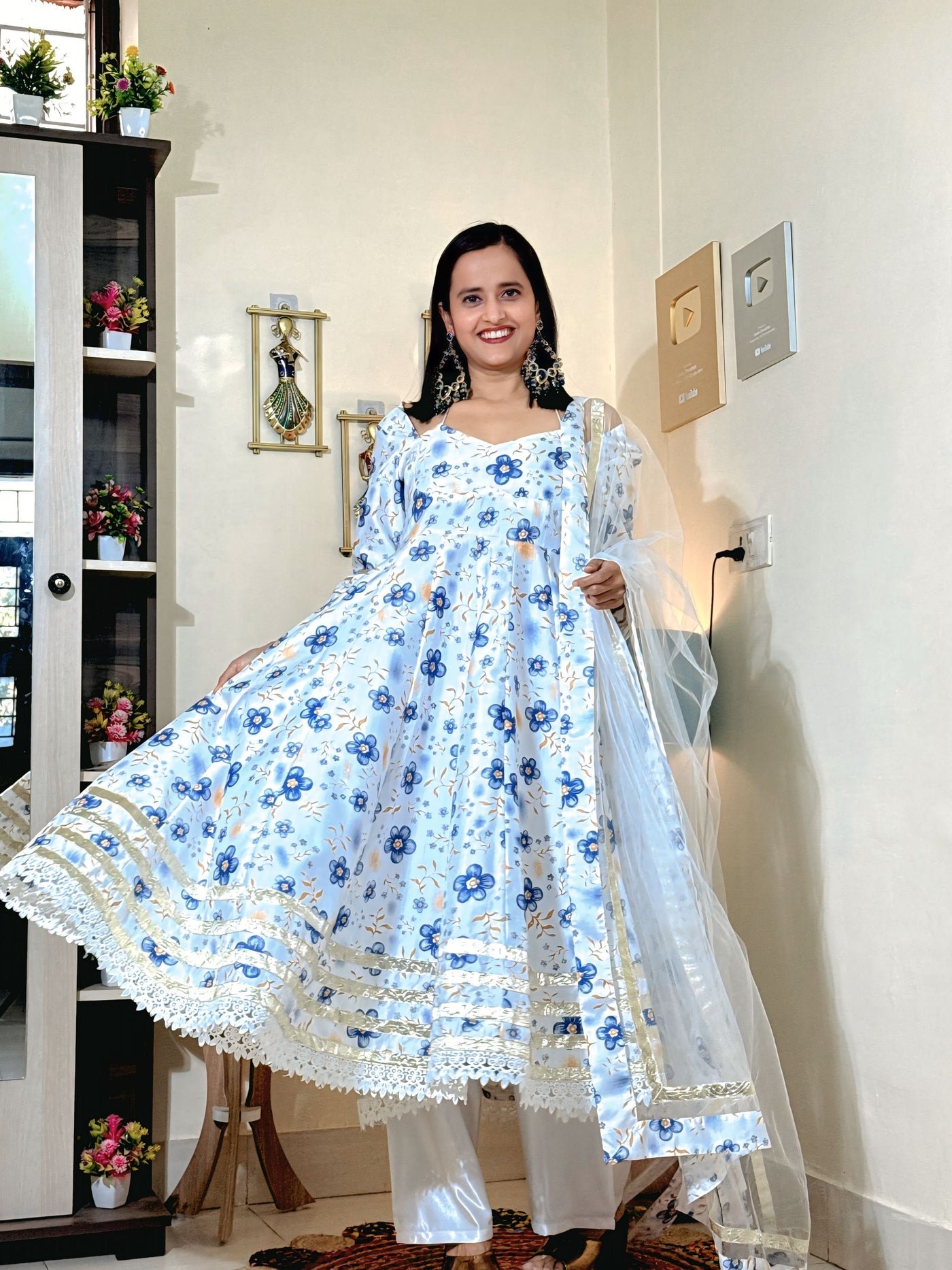 Powder Blue Floral Barlin Foil Print Anarkali Set with Fine Net Dupatta