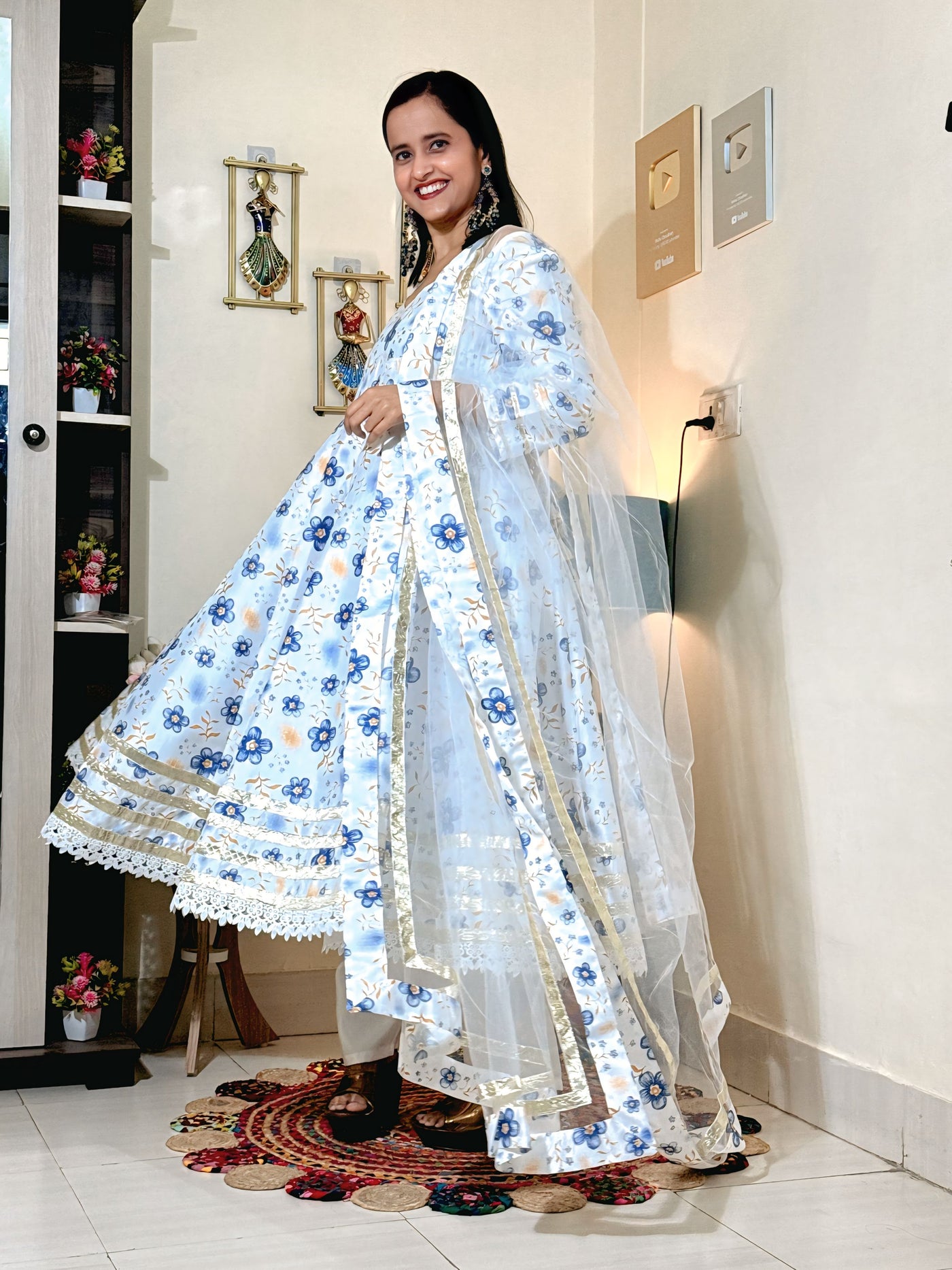 Powder Blue Floral Barlin Foil Print Anarkali Set with Fine Net Dupatta