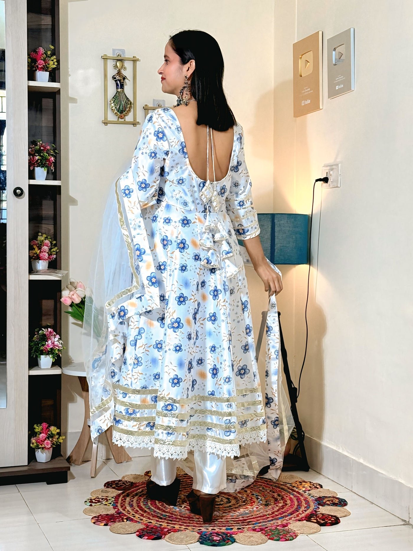 Powder Blue Floral Barlin Foil Print Anarkali Set with Fine Net Dupatta