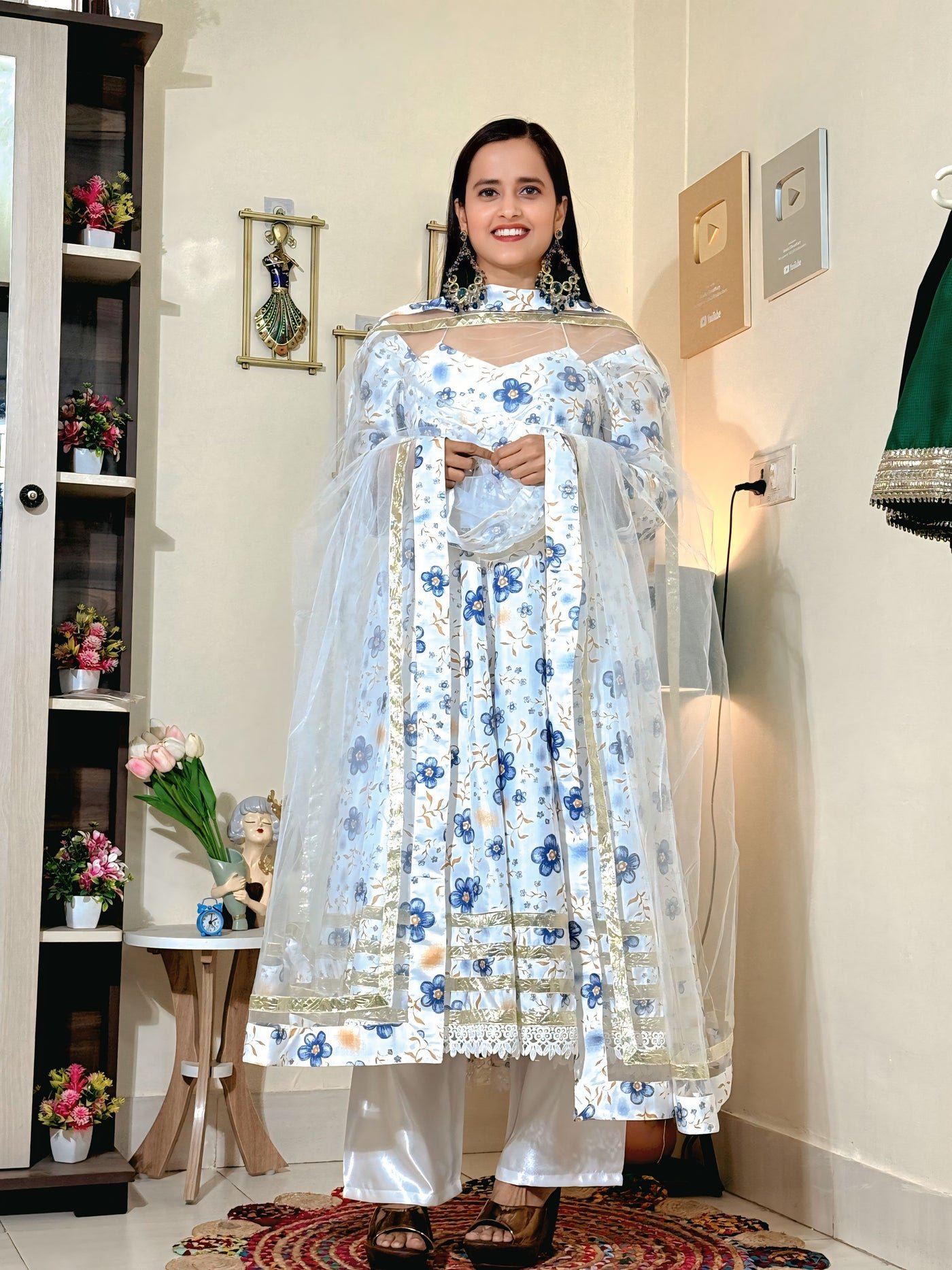 Powder Blue Floral Barlin Foil Print Anarkali Set with Fine Net Dupatta