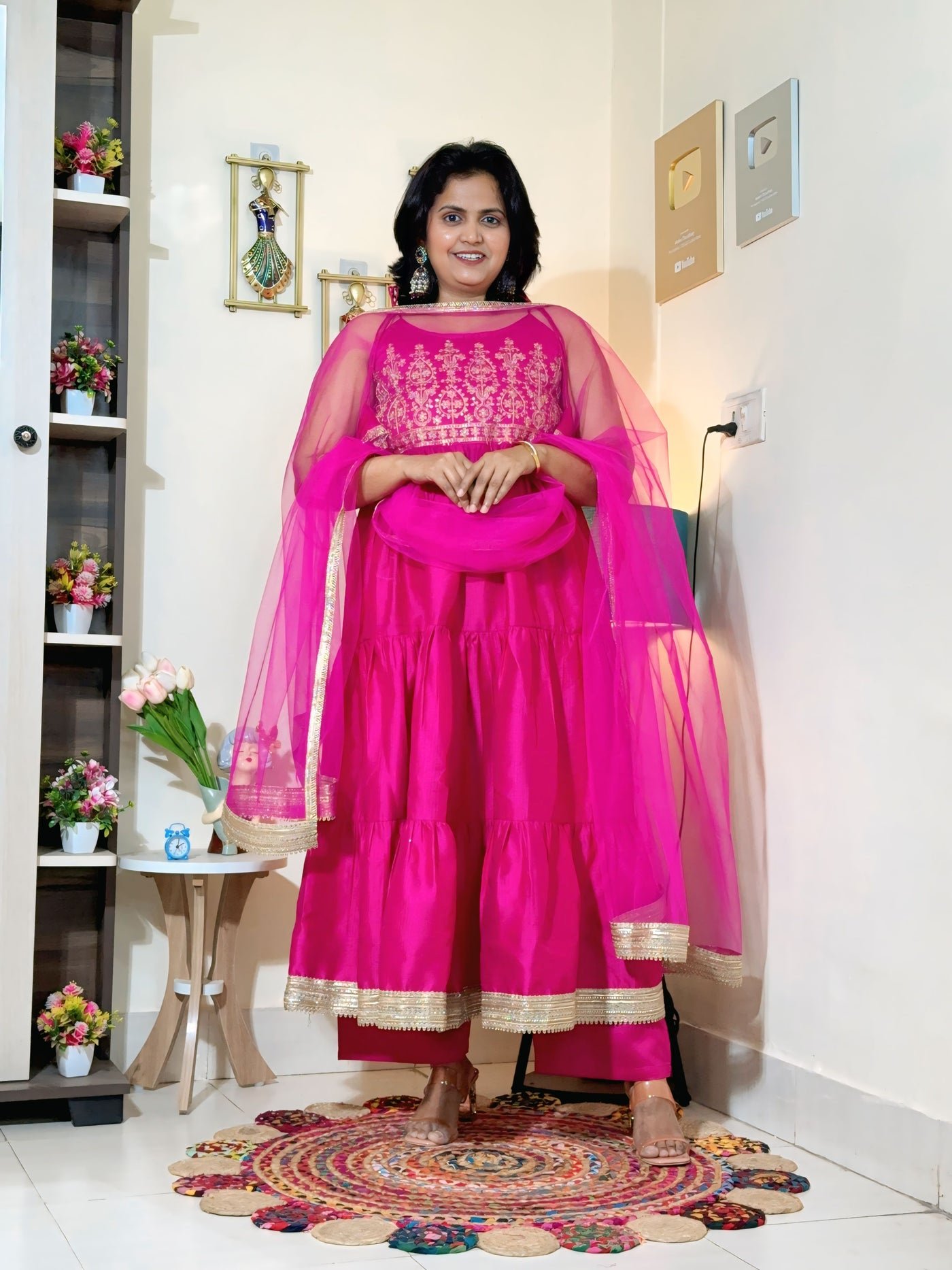 Rani Pink Barlin Coding Embroidered Tiered Anarkali Set with Dupatta