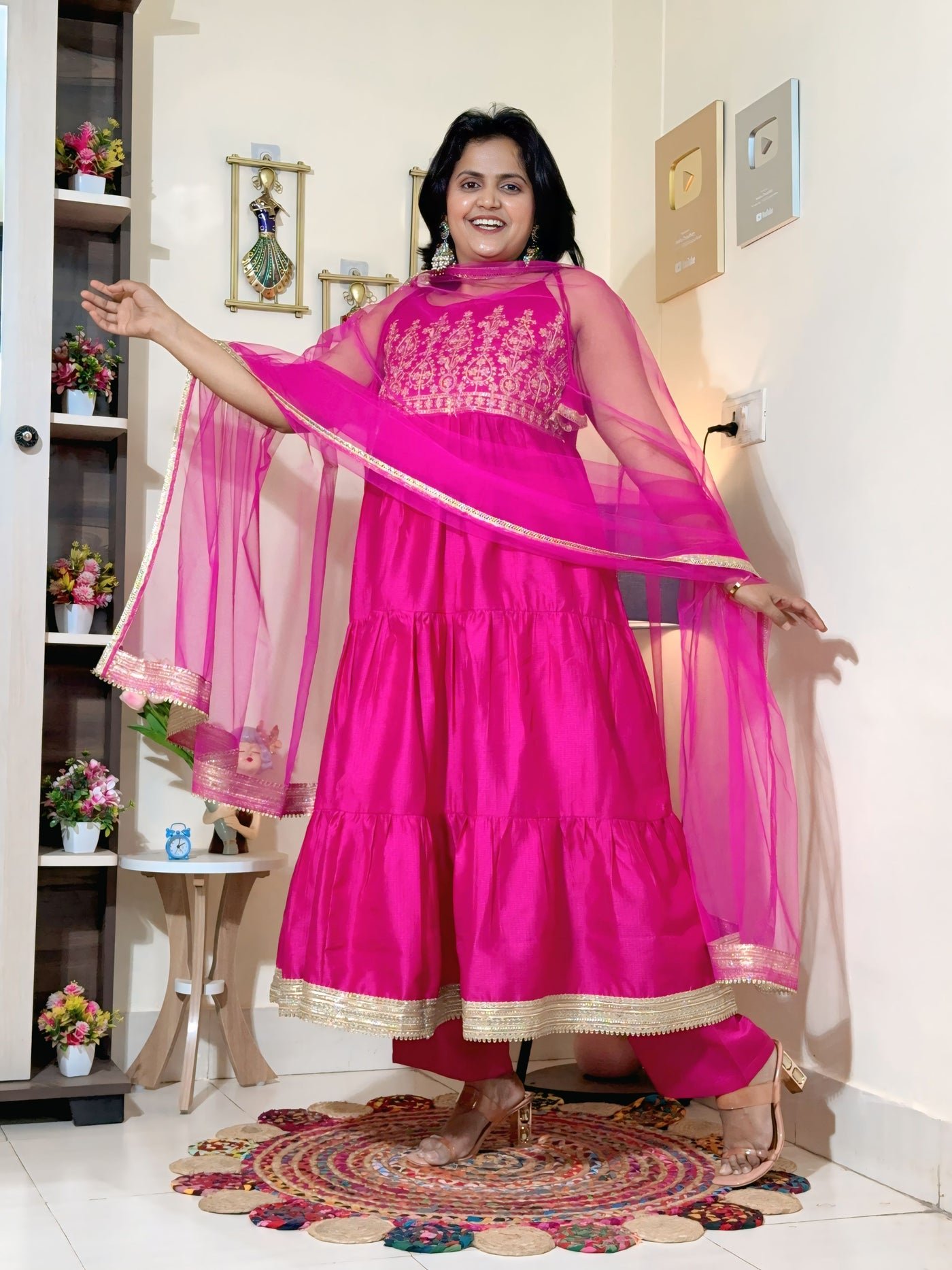 Rani Pink Barlin Coding Embroidered Tiered Anarkali Set with Dupatta