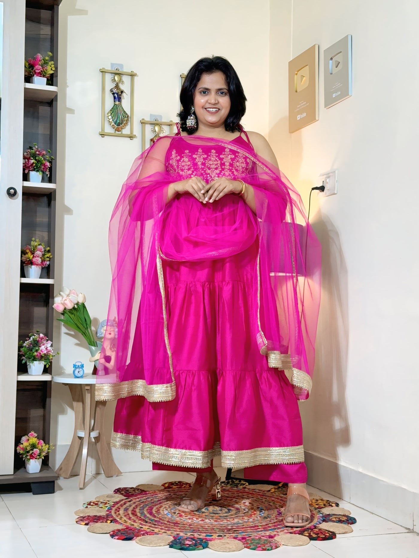 Rani Pink Barlin Coding Embroidered Tiered Anarkali Set with Dupatta