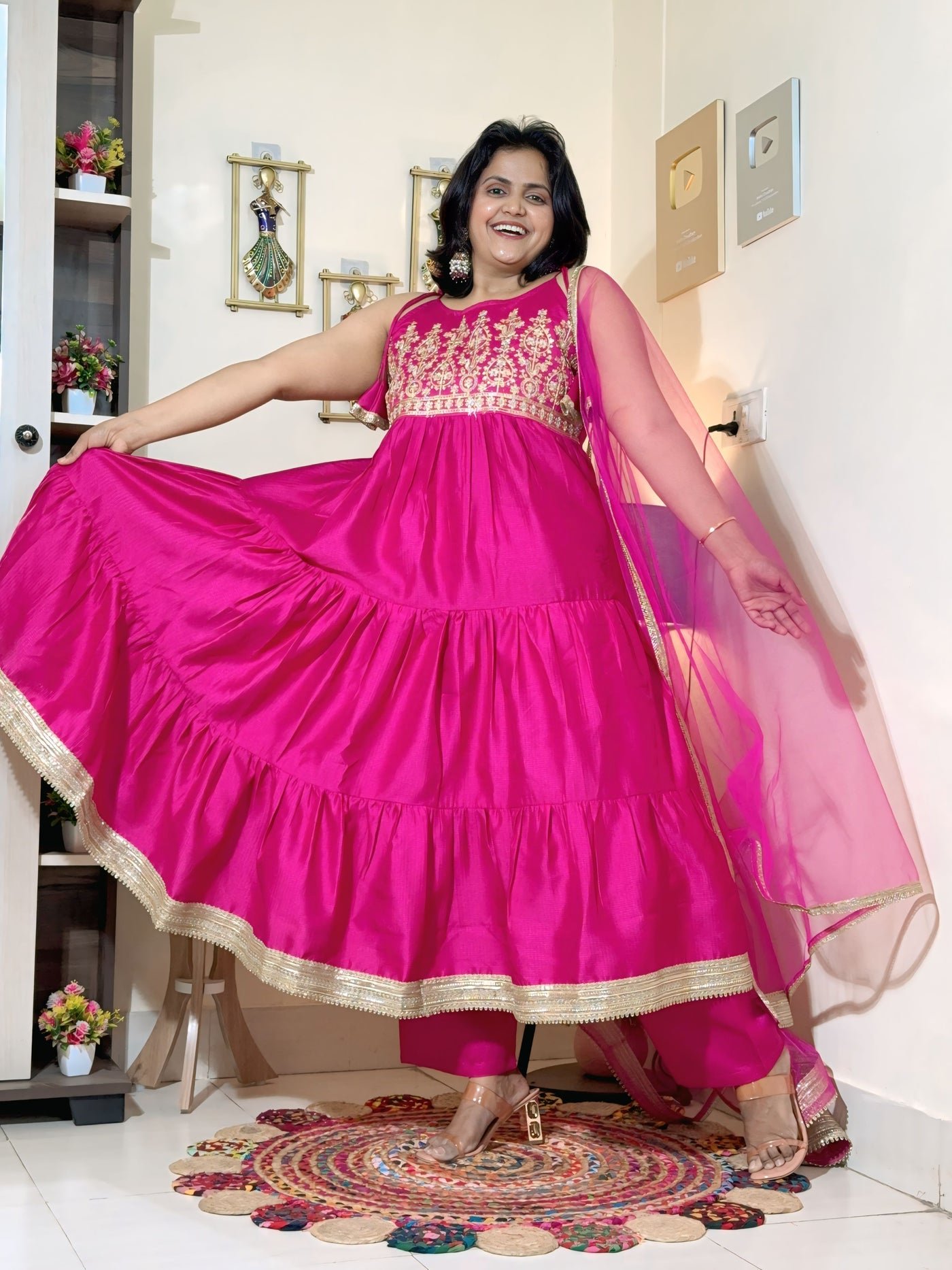 Rani Pink Barlin Coding Embroidered Tiered Anarkali Set with Dupatta