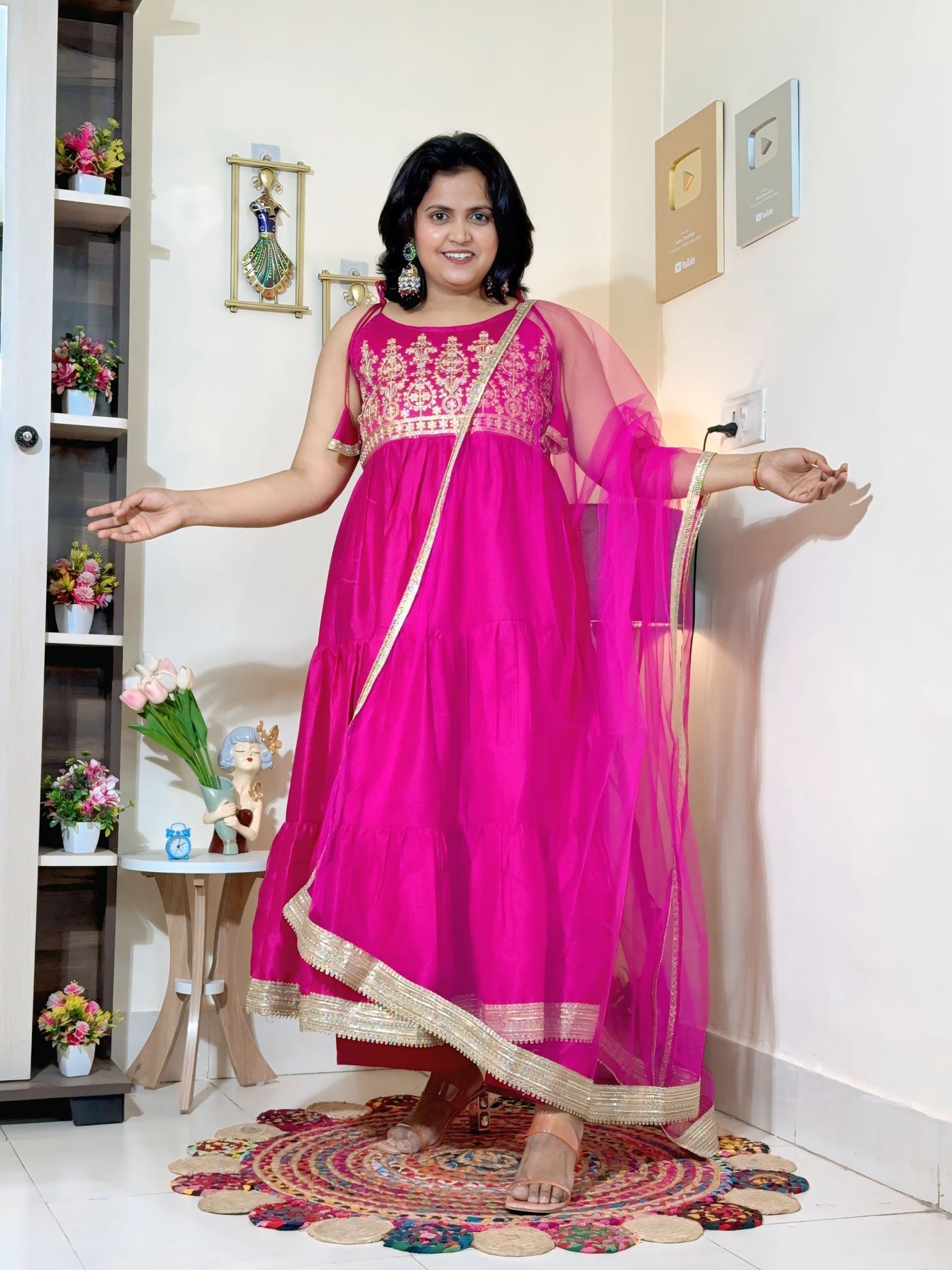 Rani Pink Barlin Coding Embroidered Tiered Anarkali Set with Dupatta