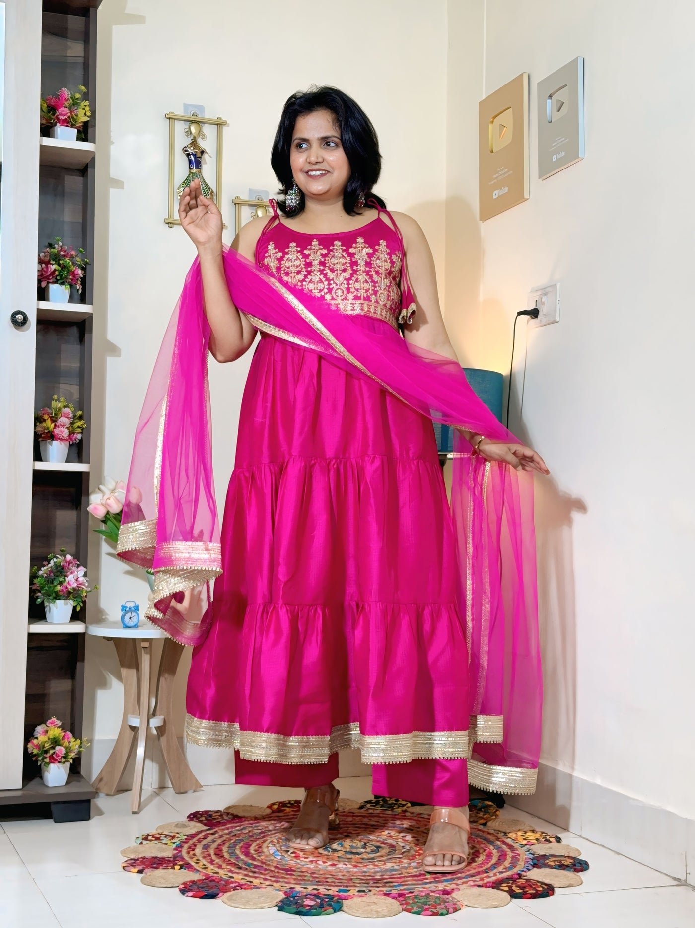 Rani Pink Barlin Coding Embroidered Tiered Anarkali Set with Dupatta