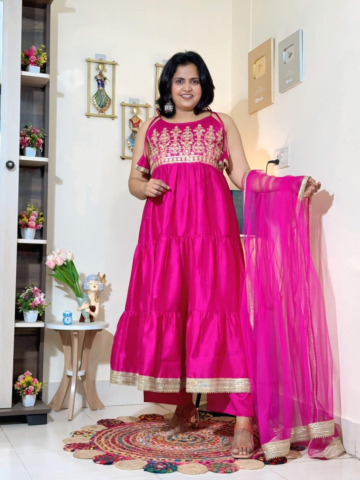Rani Pink Barlin Coding Embroidered Tiered Anarkali Set with Dupatta