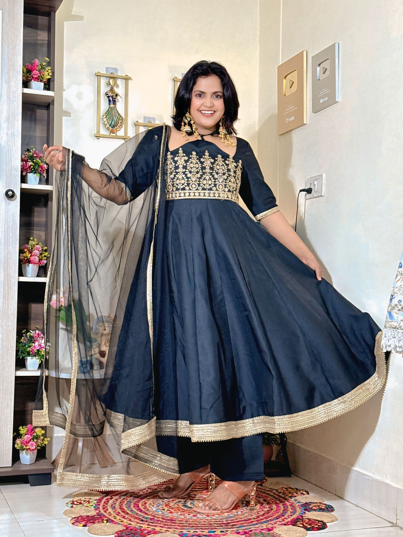 Midnight Black Barlin Embroidered Anarkali Set with Dupatta