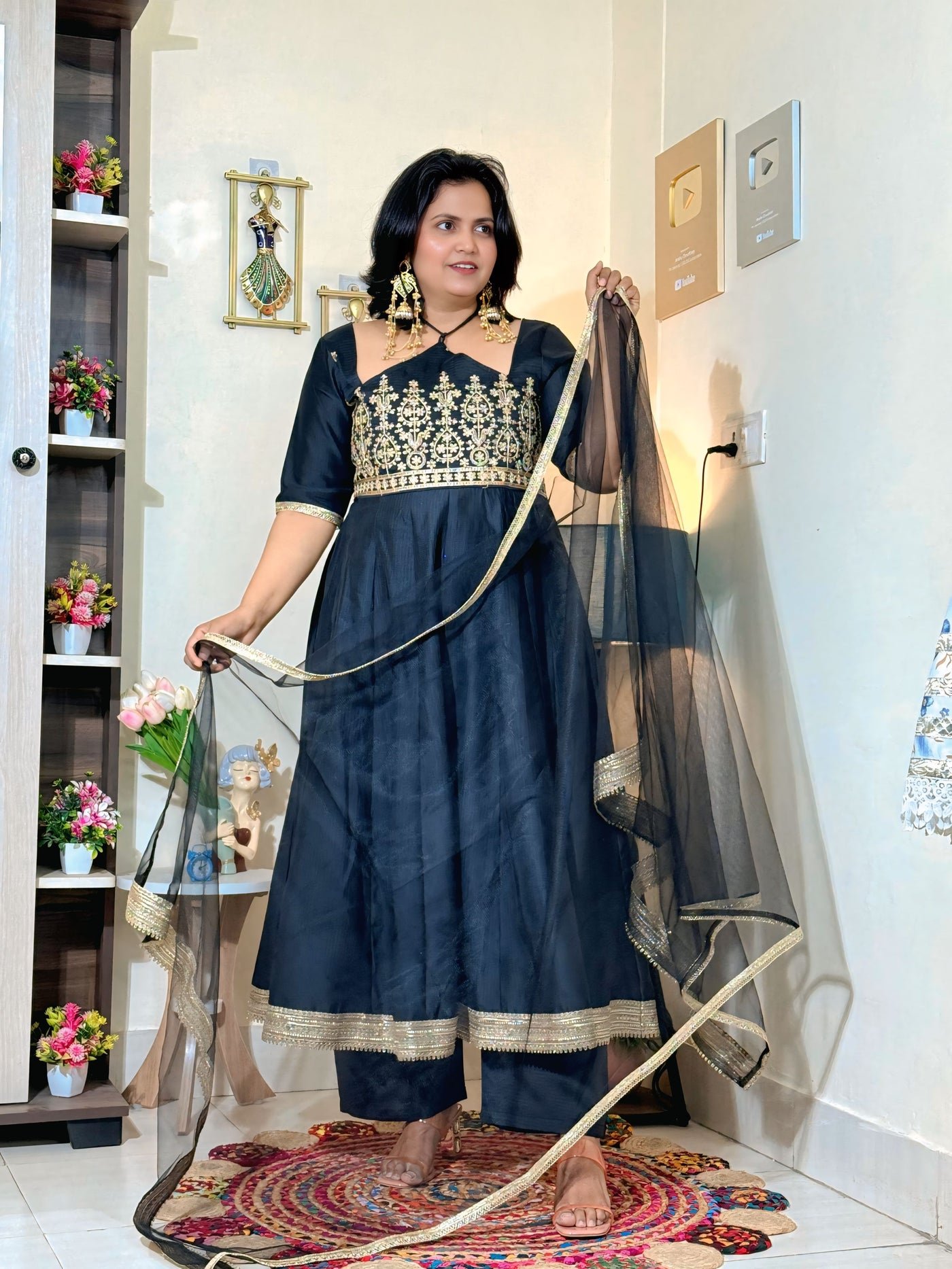 Midnight Black Barlin Embroidered Anarkali Set with Dupatta