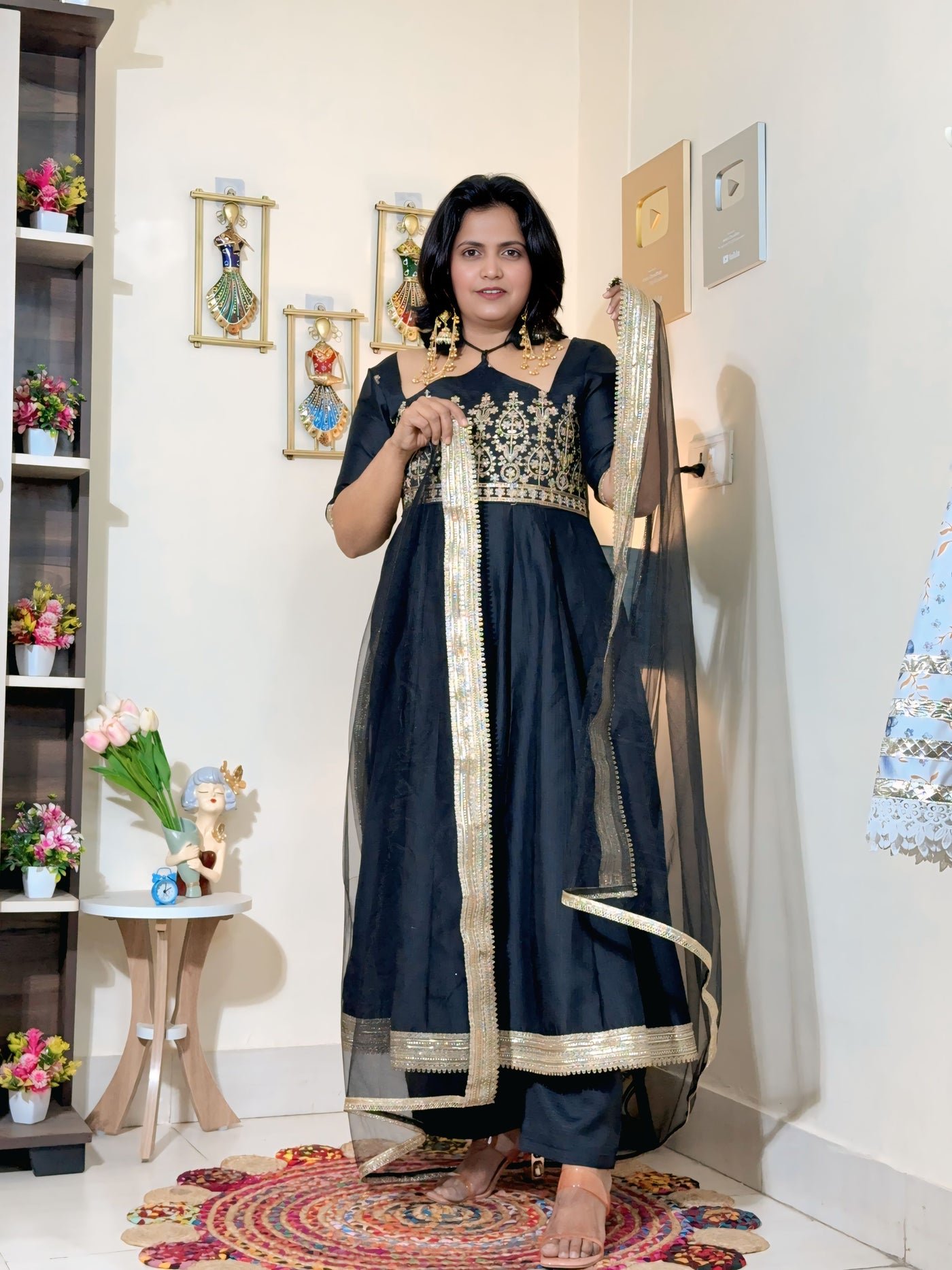 Midnight Black Barlin Embroidered Anarkali Set with Dupatta