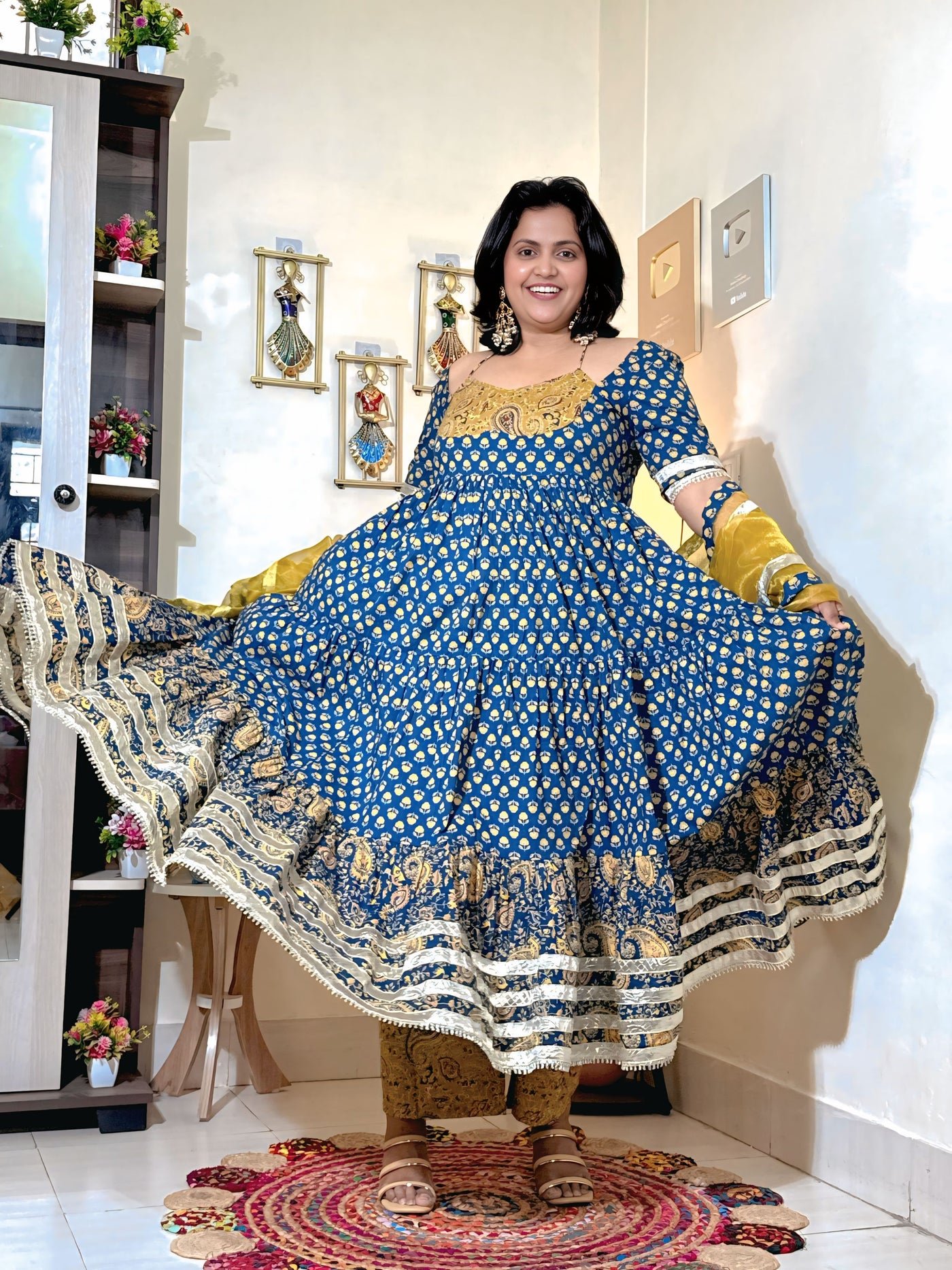 Indigo Mustard Cotton Ajrakh Print Anarkali Set with Dupatta