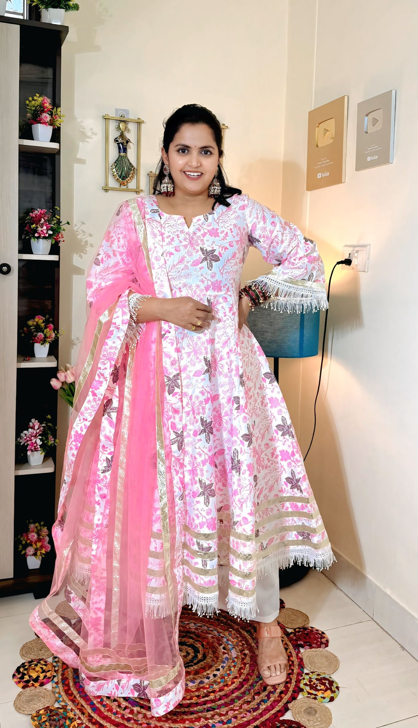 Blush Pink Vertigan Foil Print Anarkali Pant Set with Dupatta