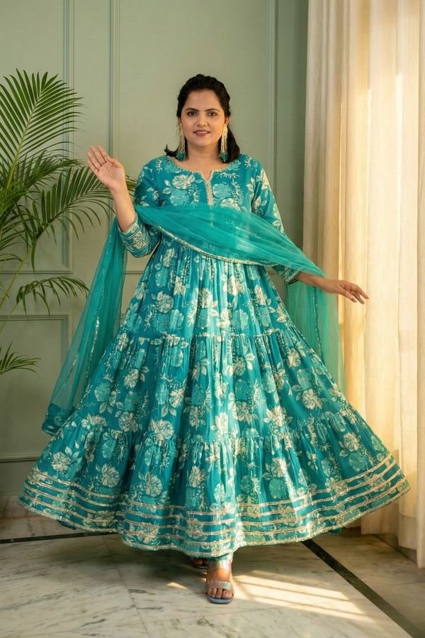 Jharna Teal Floral Tiered Cotton Anarkali Set with Dupatta