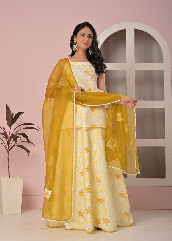 Sunlit Mustard Floral Printed Lehenga Top Set with Soft Net Dupatta