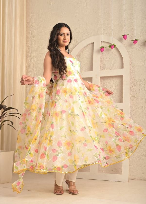 Ivory Bloom Organza Floral Anarkali Set with Dupatta