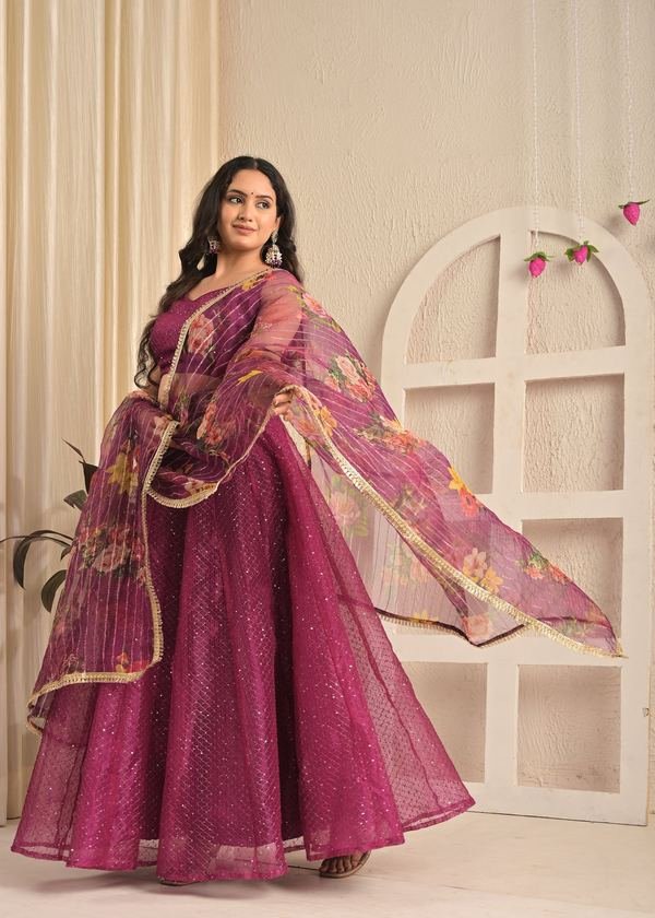 Viscose Organza Sequin Embroidered Lehenga Set with Floral Dupatta