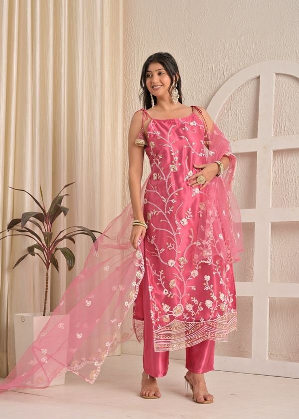 Rose Blush Organza Thread Embroidered Kurta Set with Pant and Dupatta