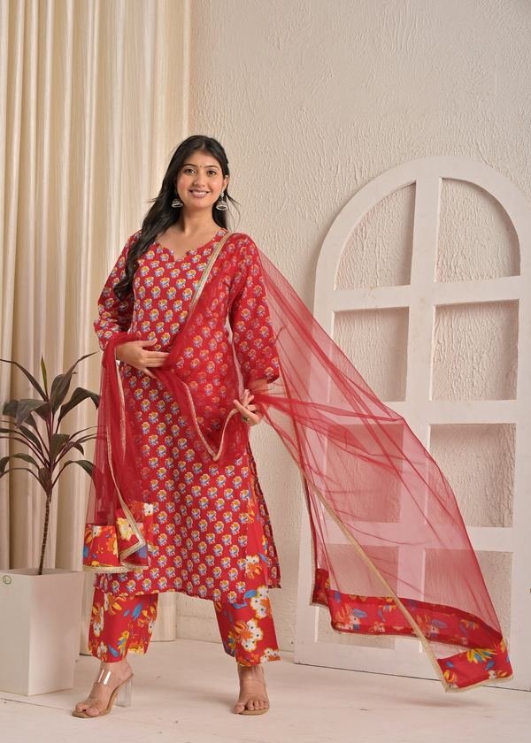 Red Floral Cotton Printed Kurta Set with Net Dupatta