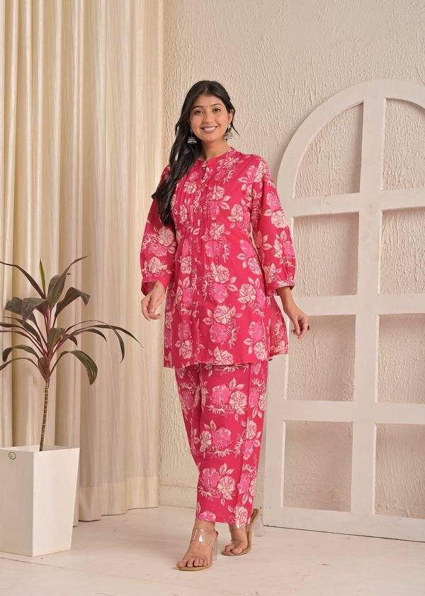 Pink Floral Printed A-Line Comfort Cotton Kurta & Pant Co-Ord Set