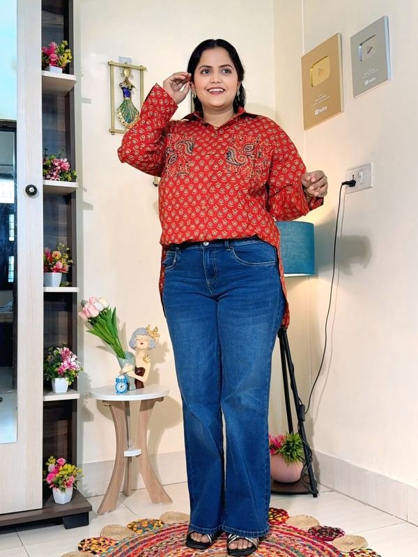 Rust Red Ajrakh-Inspired Cotton Printed Oversized Shirt