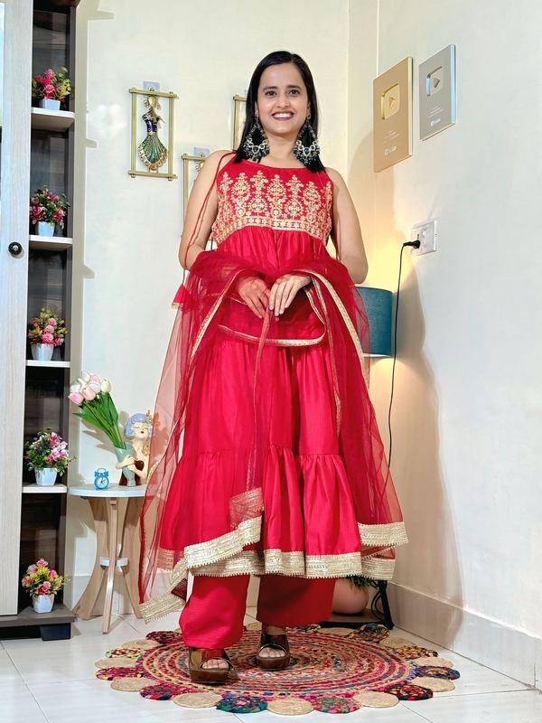 Crimson Red Barlin Heavy Coding Embroidered Kurta Pant Set with Dupatta