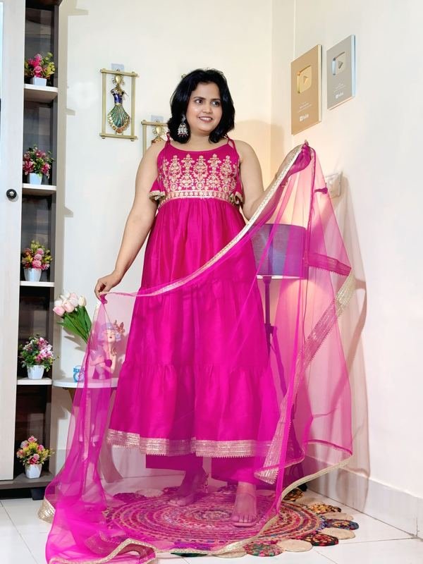 Rani Pink Barlin Coding Embroidered Tiered Anarkali Set with Dupatta