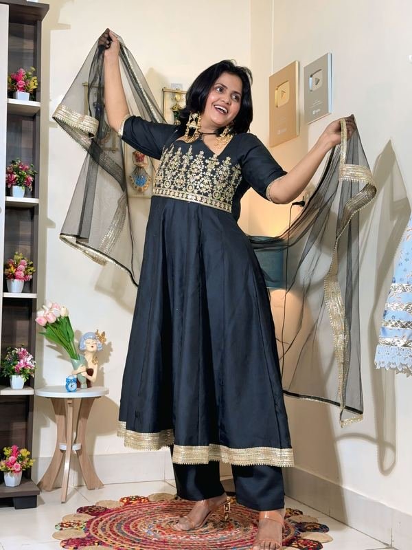 Midnight Black Barlin Embroidered Anarkali Set with Dupatta
