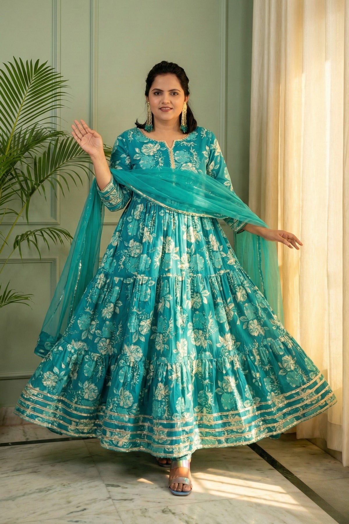Jharna Teal Floral Tiered Cotton Anarkali Set with Dupatta