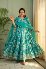 Jharna Teal Floral Tiered Cotton Anarkali Set with Dupatta