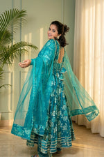 Jharna Teal Floral Tiered Cotton Anarkali Set with Dupatta