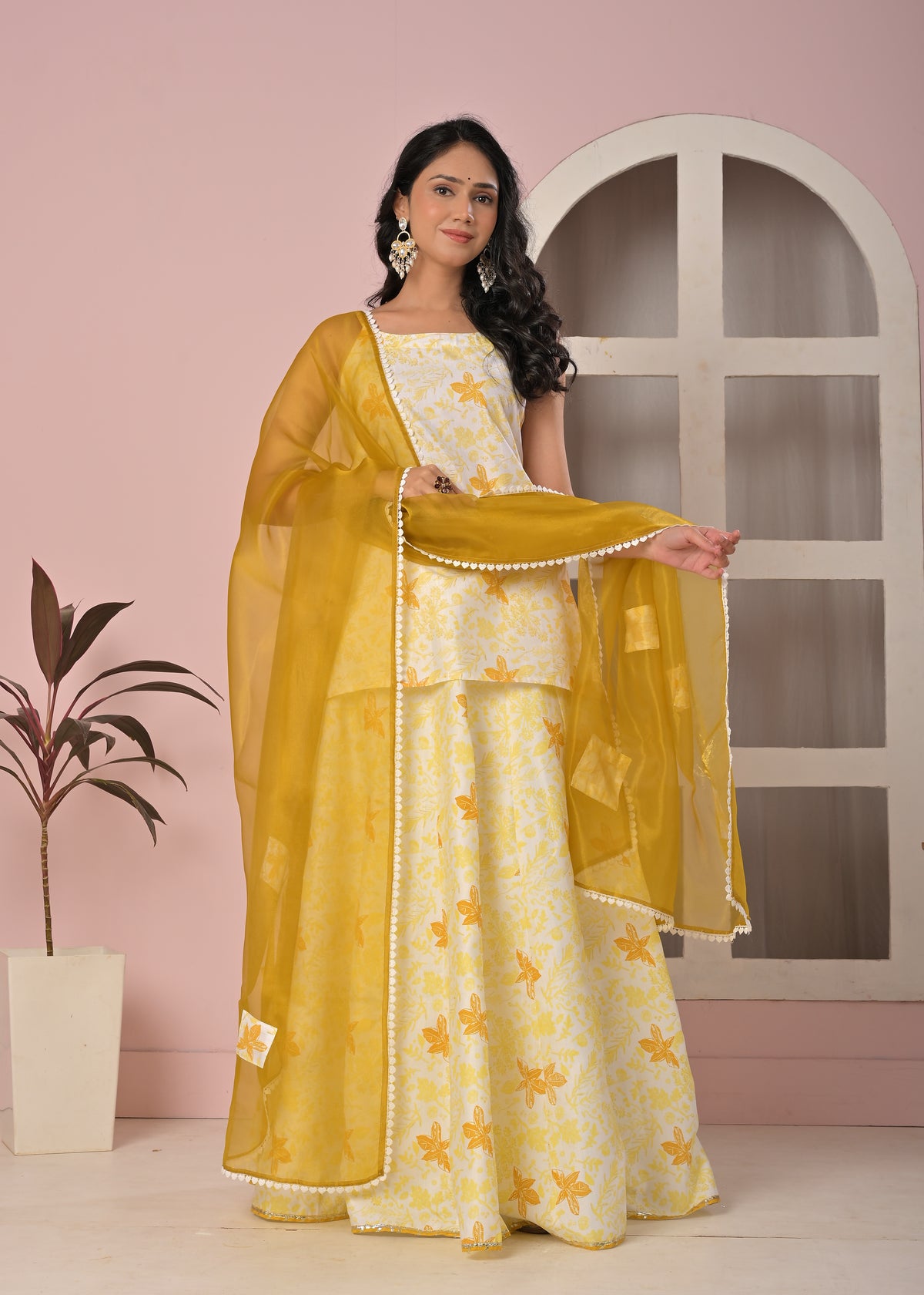 Sunlit Mustard Floral Printed Lehenga Top Set with Soft Net Dupatta