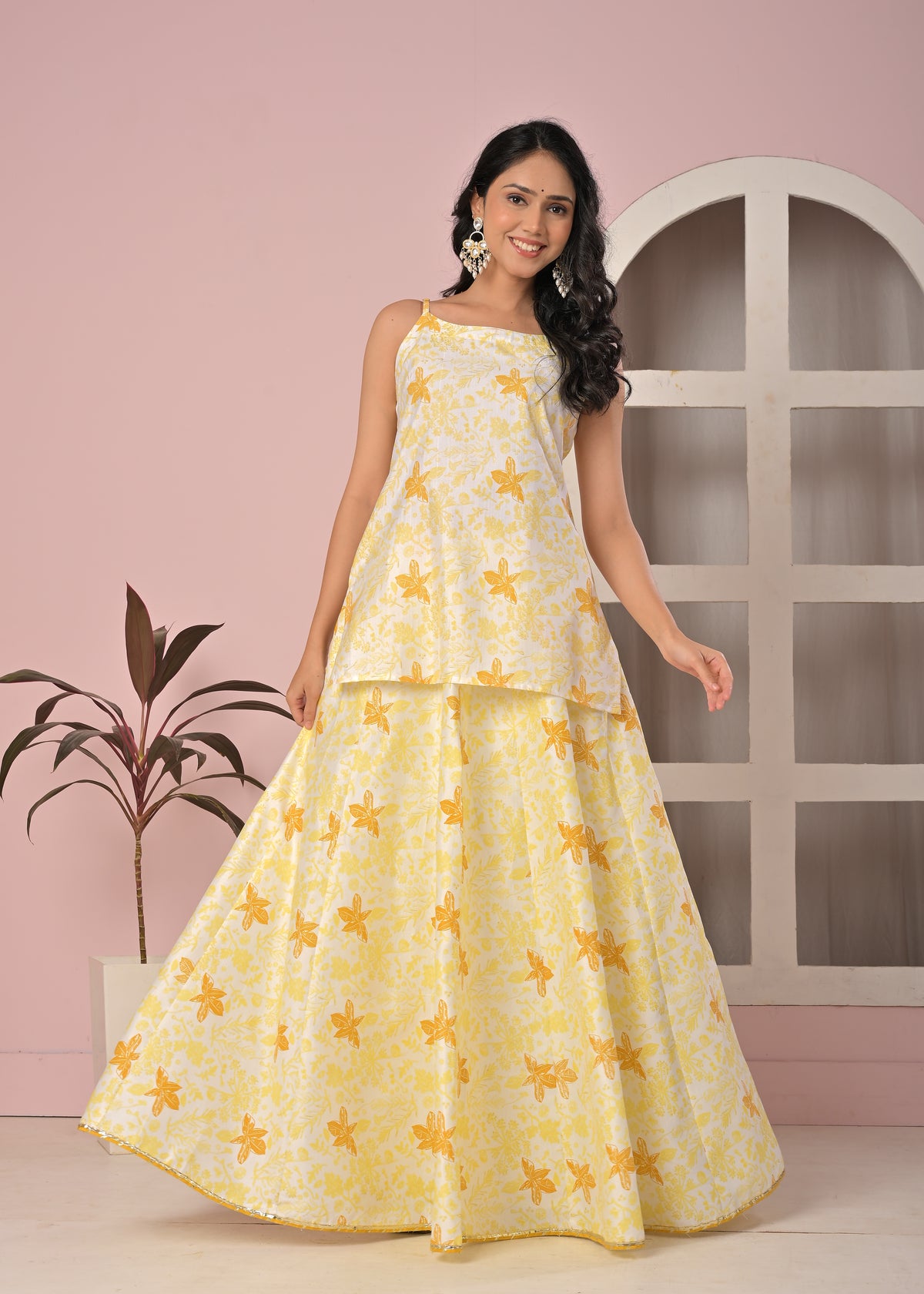 Sunlit Mustard Floral Printed Lehenga Top Set with Soft Net Dupatta