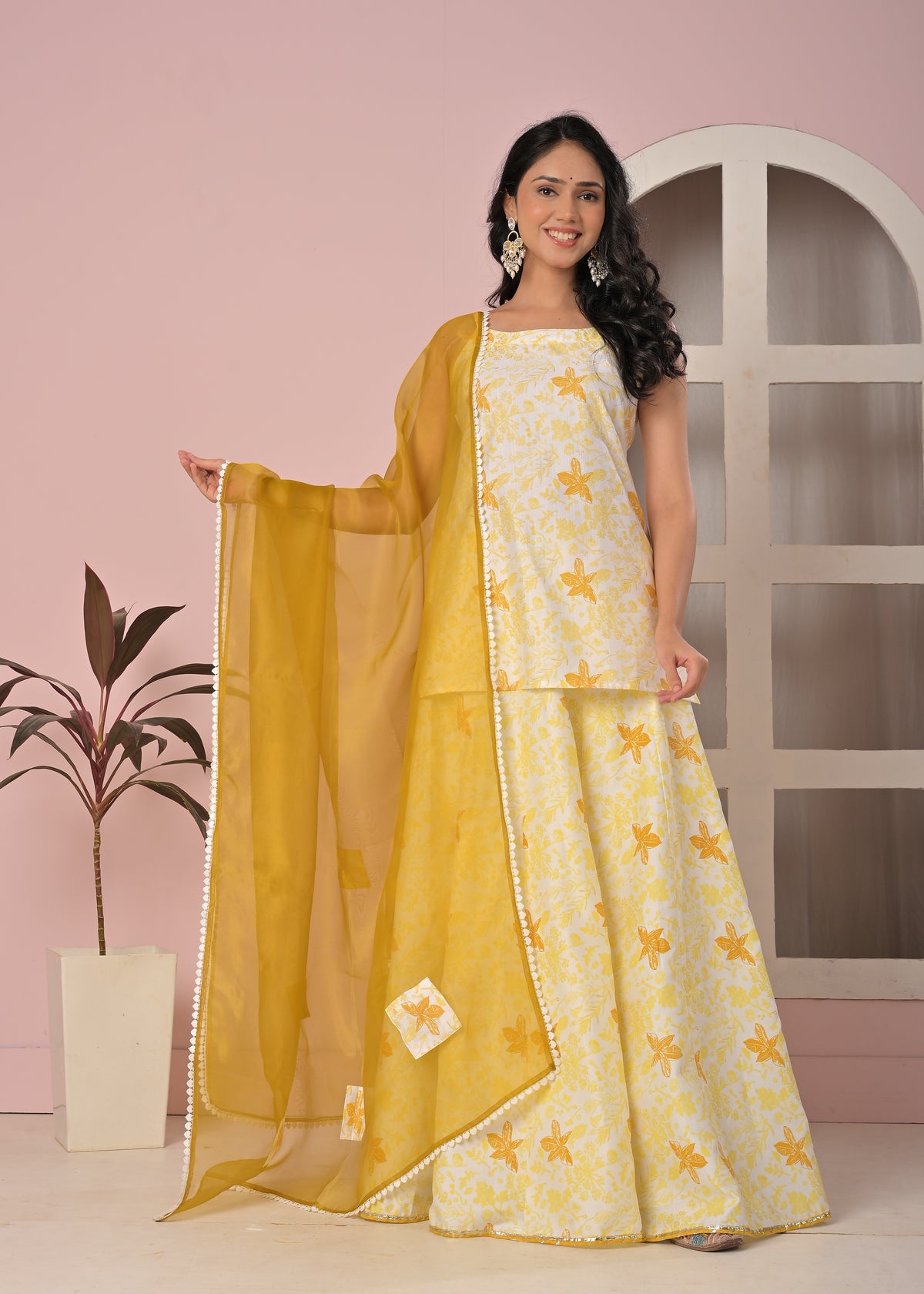 Sunlit Mustard Floral Printed Lehenga Top Set with Soft Net Dupatta