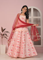 Blush Peach Floral Printed Lehenga Top Set with Contrasting Soft Net Dupatta