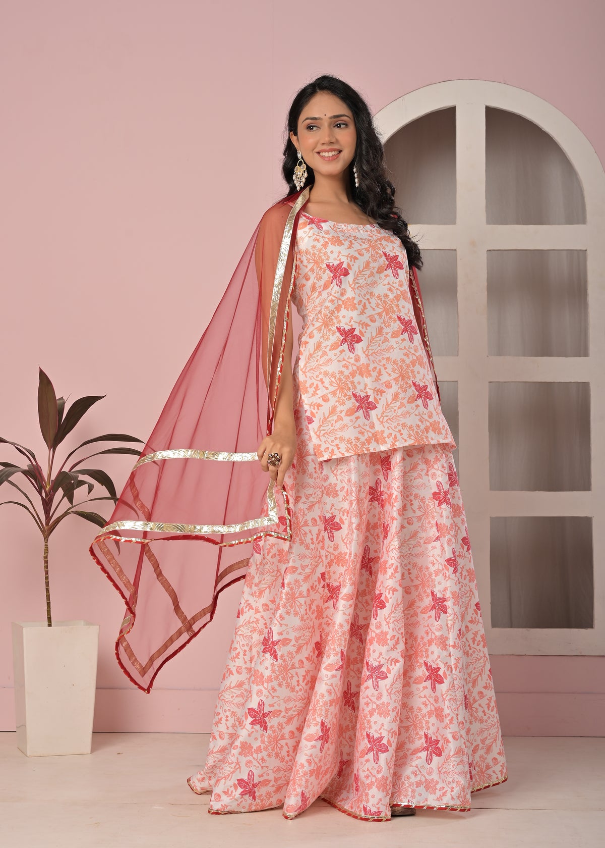 Blush Peach Floral Printed Lehenga Top Set with Contrasting Soft Net Dupatta