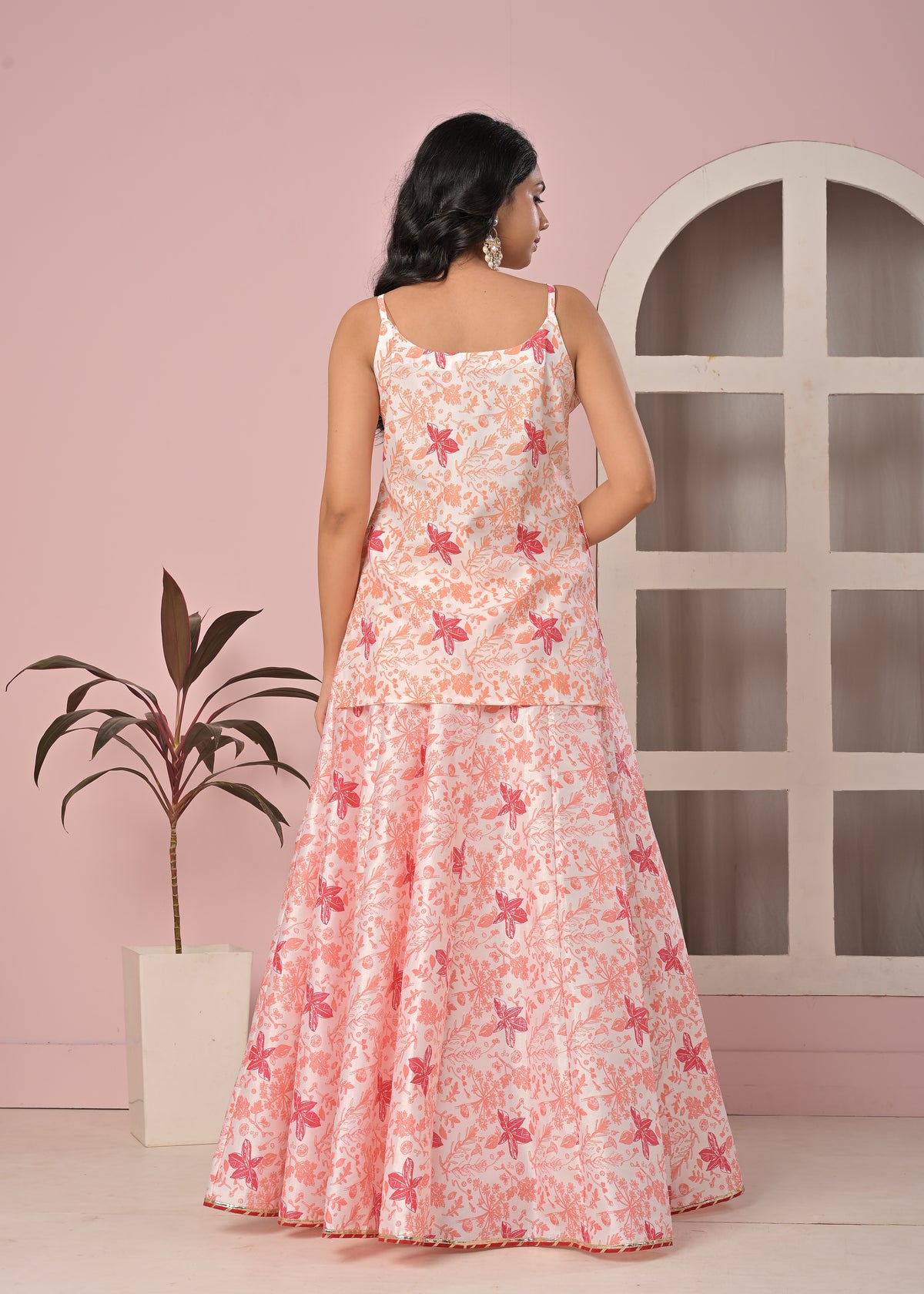 Blush Peach Floral Printed Lehenga Top Set with Contrasting Soft Net Dupatta