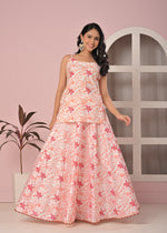 Blush Peach Floral Printed Lehenga Top Set with Contrasting Soft Net Dupatta