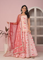 Blush Peach Floral Printed Lehenga Top Set with Contrasting Soft Net Dupatta