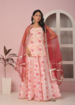 Blush Peach Floral Printed Lehenga Top Set with Contrasting Soft Net Dupatta
