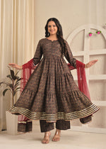 Rust Meal Printed Anarkali Kurta Set with Pant and Dupatta
