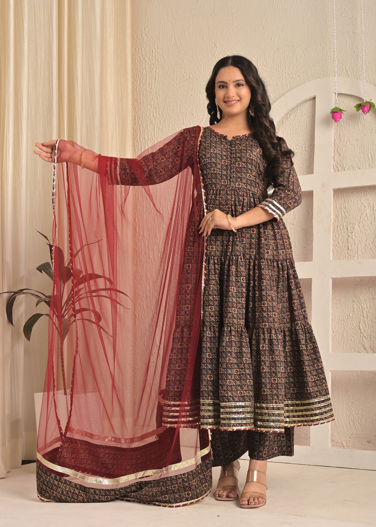 Rust Meal Printed Anarkali Kurta Set with Pant and Dupatta