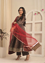 Rust Meal Printed Anarkali Kurta Set with Pant and Dupatta