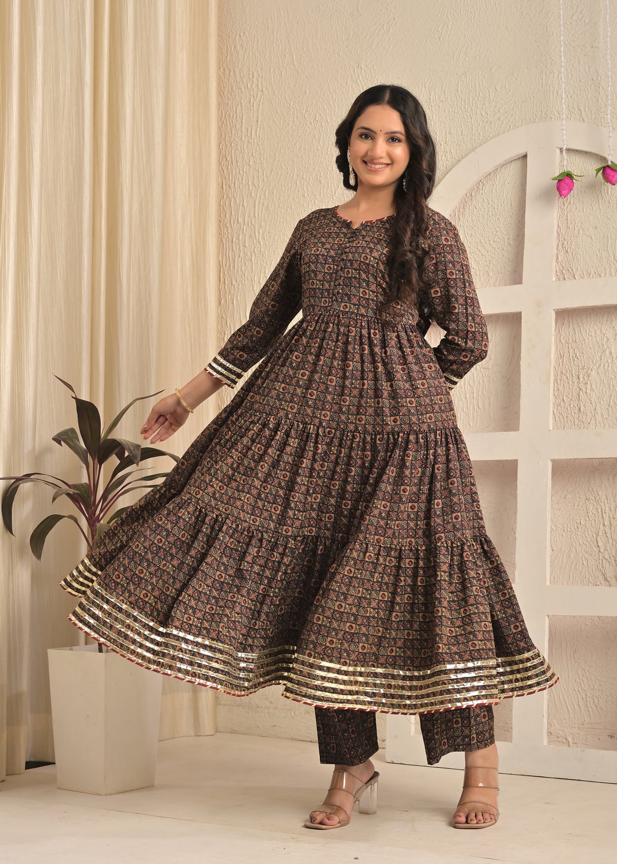 Rust Meal Printed Anarkali Kurta Set with Pant and Dupatta