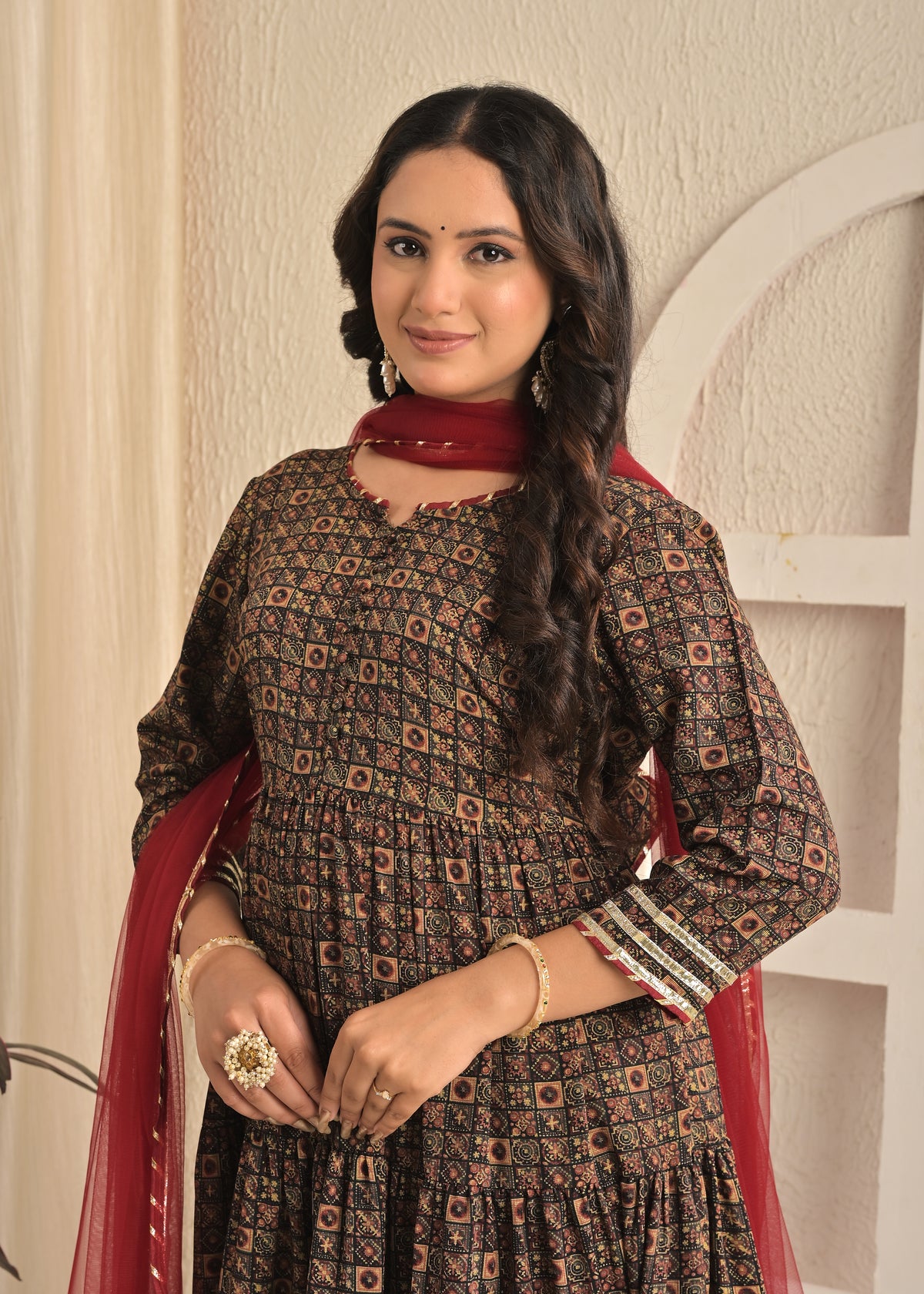 Rust Meal Printed Anarkali Kurta Set with Pant and Dupatta