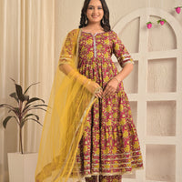 Wine Floral Printed Cotton Anarkali Kurta Set with Pant & Yellow Dupatta