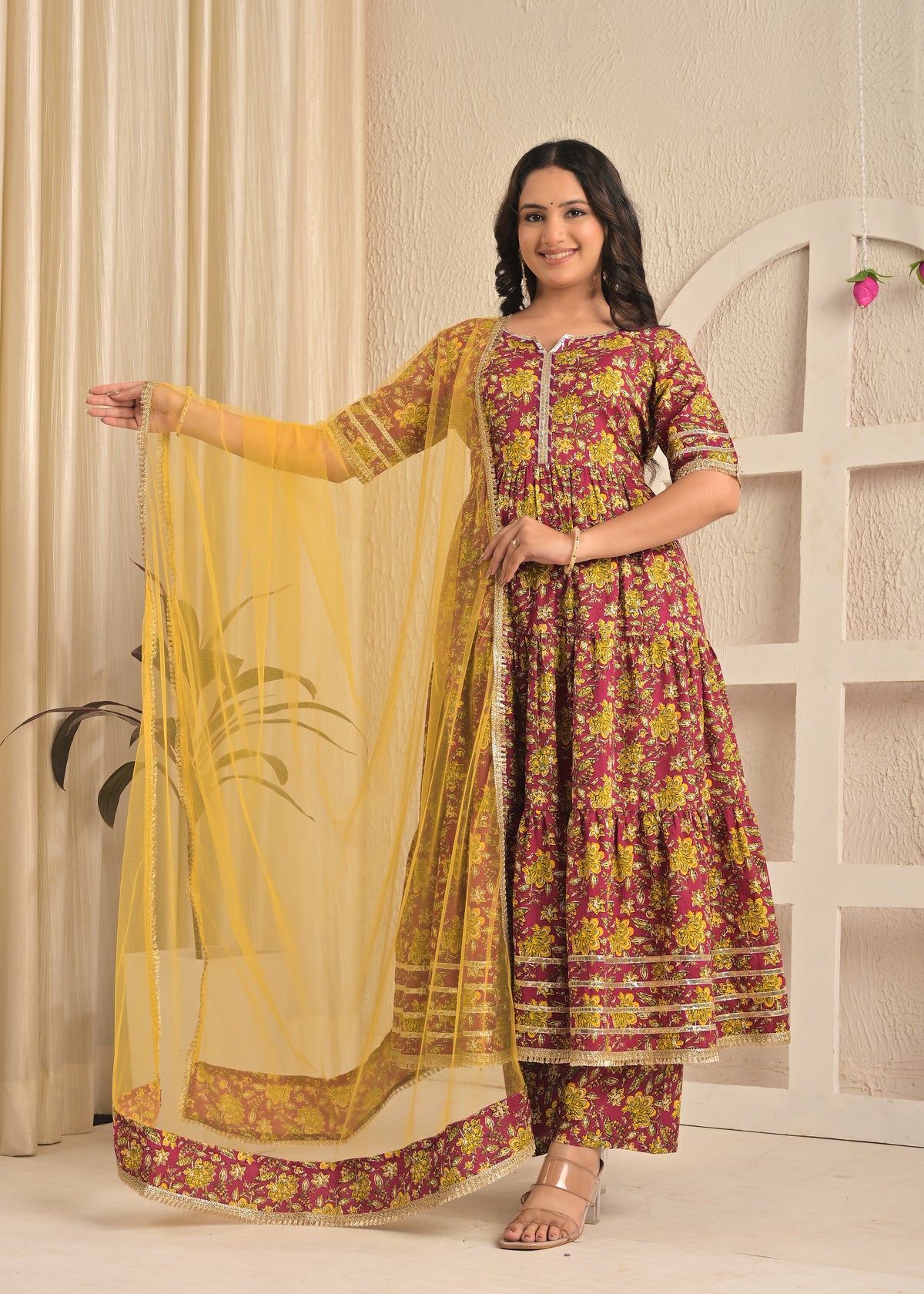 Wine Floral Printed Cotton Anarkali Kurta Set with Pant & Yellow Dupatta