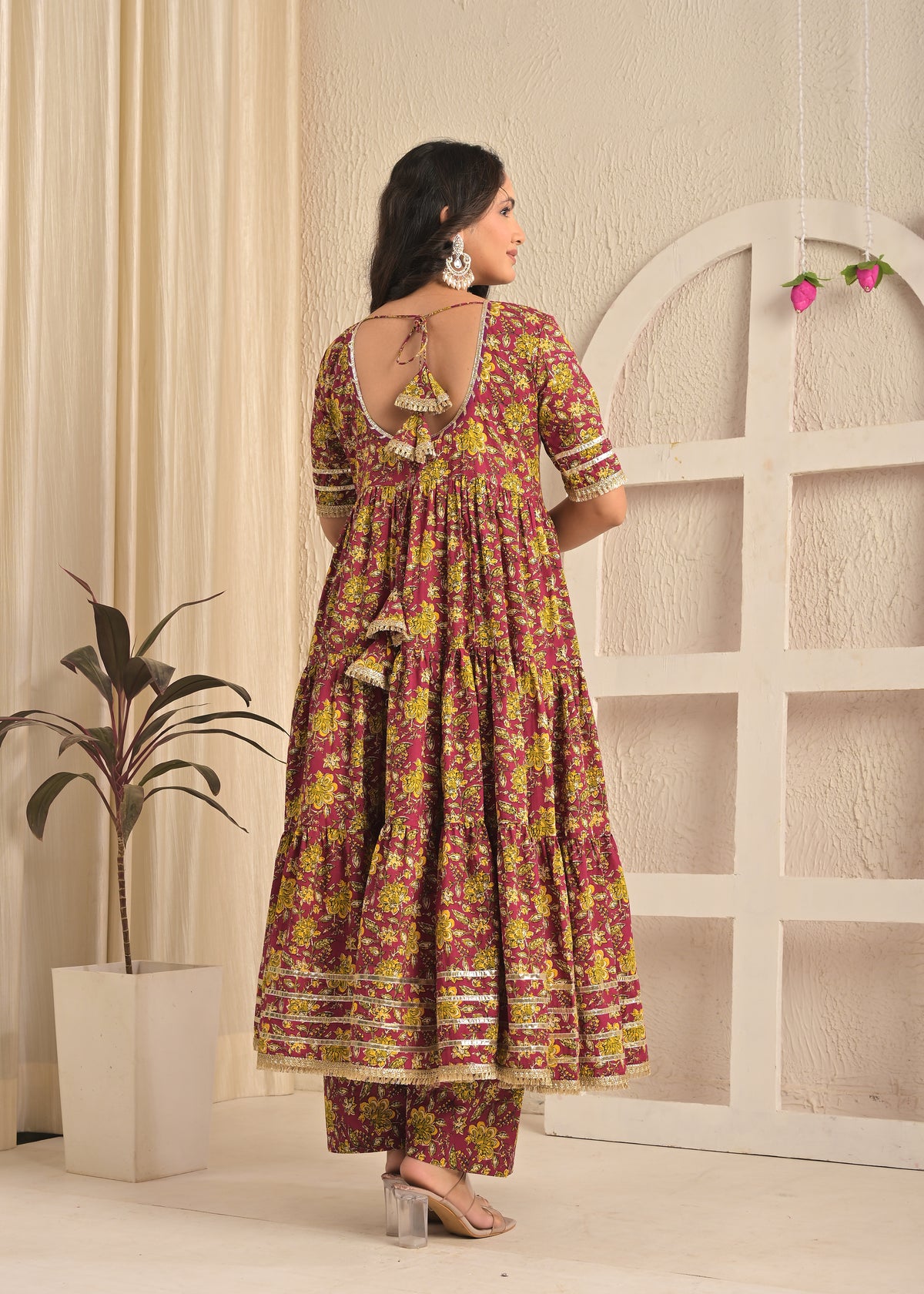 Wine Floral Printed Cotton Anarkali Kurta Set with Pant & Yellow Dupatta