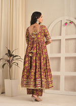 Wine Floral Printed Cotton Anarkali Kurta Set with Pant & Yellow Dupatta